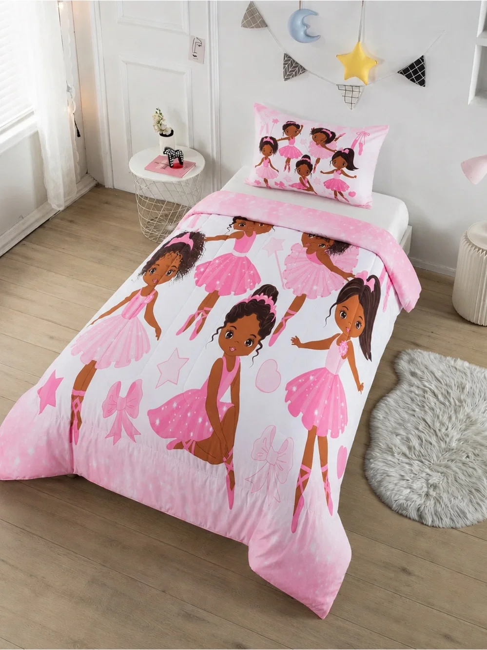 African American Girls Pink Ballerina Duvet Cover Set Twin,1 Pillowcase & Duvet